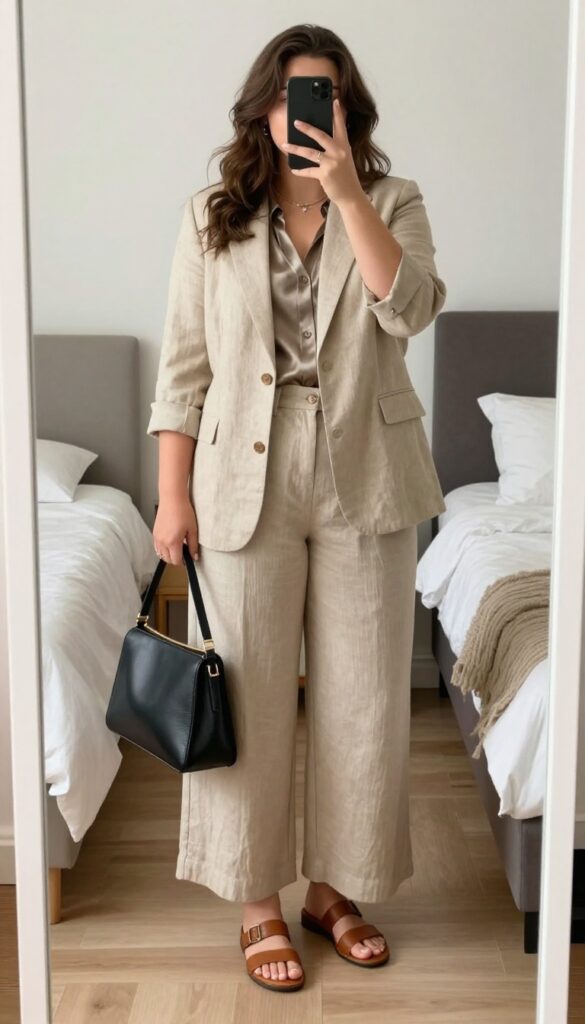 Woman in beige linen blazer, silk cami, and wide-leg trousers, posing in mirror selfie