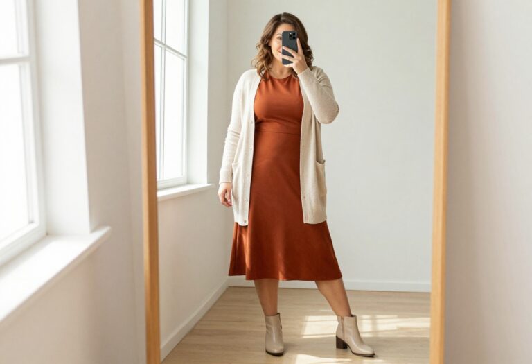Plus-size teacher outfit idea: flowy midi dress with structured cardigan, mirror selfie, fall fashion.