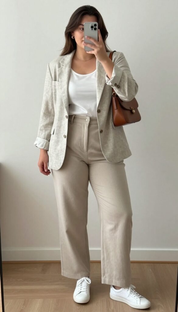 Woman in white sneakers, wide-leg trousers, and unstructured blazer, posing in a creative office setting.