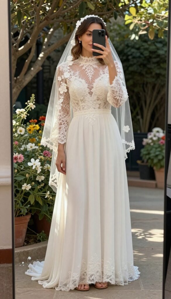 High neck boho wedding dress with floral veil in garden