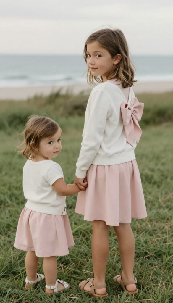 A cheerful little girl about 5 years old wearing a blush pink high-low hem dress with an oversized floral bow at the back, standing on a sandy beach at sunset, barefoot with barefoot sandals, smiling and looking back over her shoulder.
