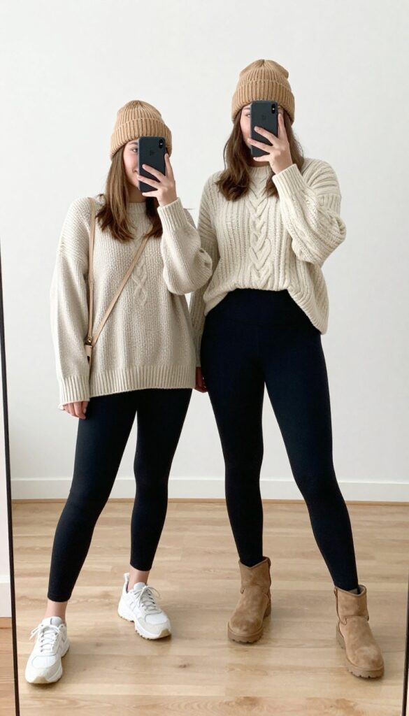 A mother and daughter in matching cozy sweaters and leggings pose for a mirror selfie in a bright, modern home.