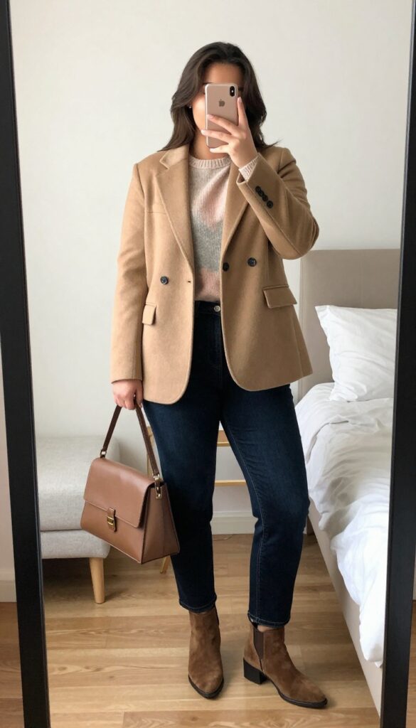 A woman in a wool blazer and cashmere sweater with dark jeans, suede ankle boots, and a crossbody bag, standing in a coffee shop.