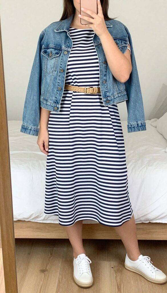 A woman in a navy and white striped midi dress and light denim jacket, wearing white sneakers, posing in an outdoor cafe.