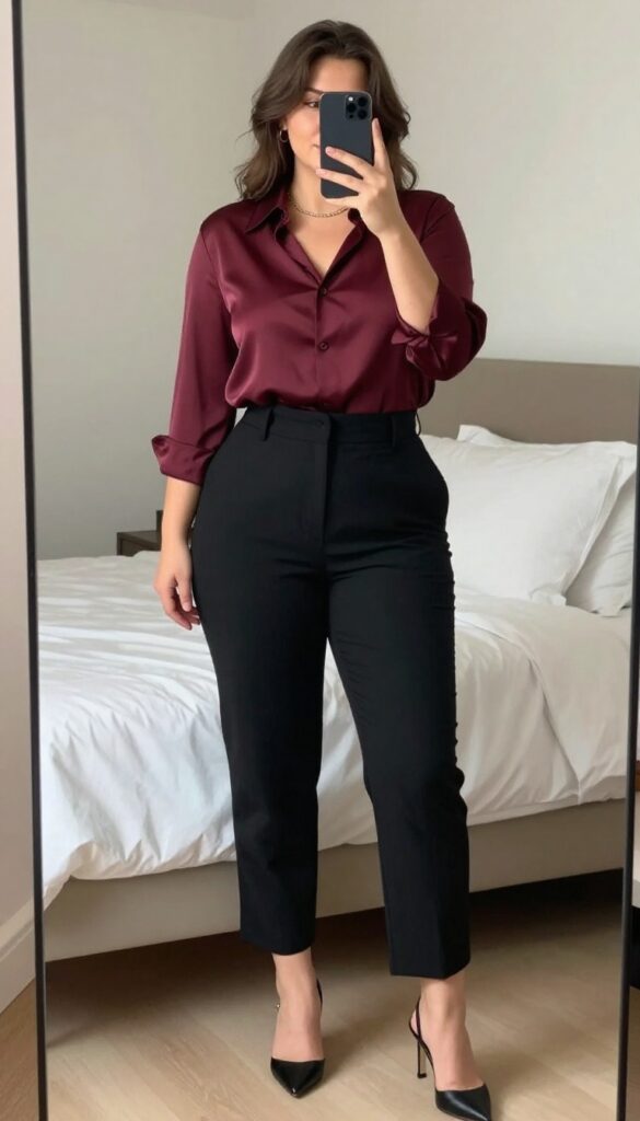 Woman in jewel-toned silk blouse tucked into cropped pants with heeled sandals, chain necklace, and hoop earrings.
