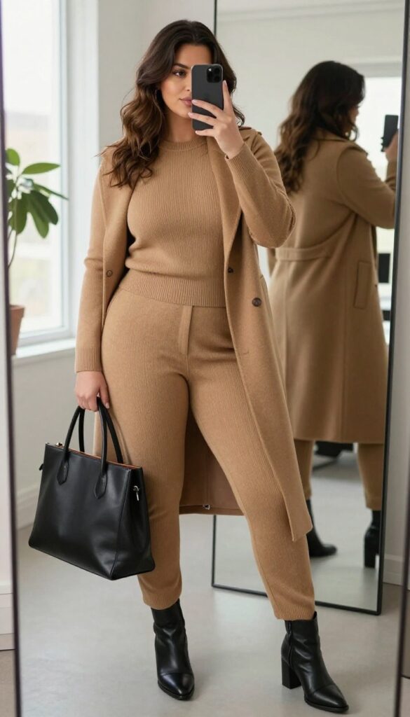 Plus-size woman in a camel monochrome knit set and long coat, taking a mirror selfie in a bright office entryway, wearing ankle boots and carrying a structured black tote.