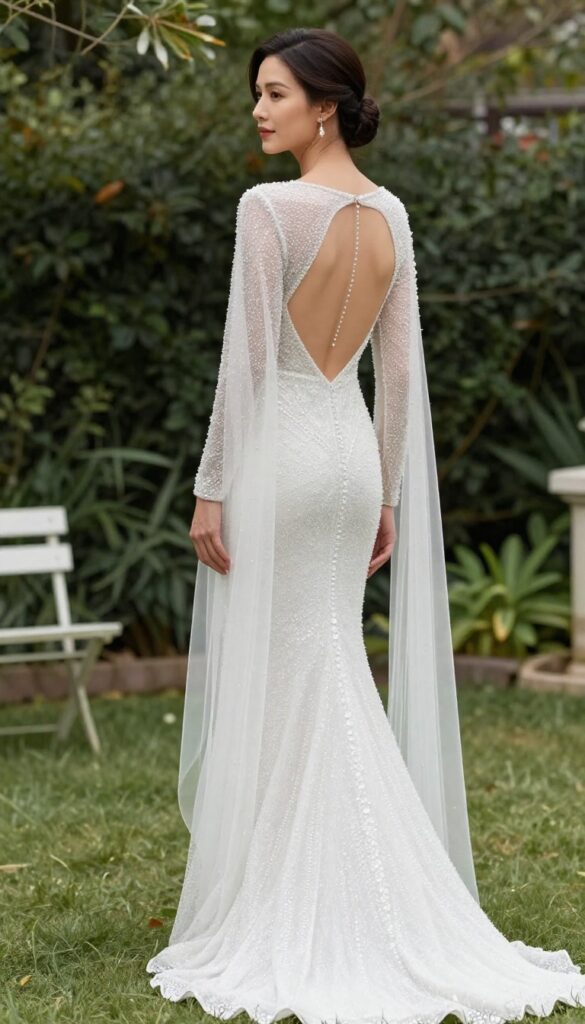 Adult woman in high-neck crystal wedding dress with backless cape, standing in garden at dusk, elegant updo, minimal jewelry, nude heels, Instagram-style bridal portrait.