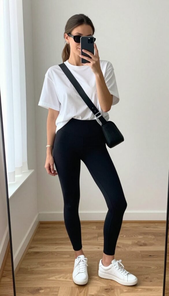 A woman in black leggings and an oversized white tee, taking a mirror selfie, wearing white sneakers and a crossbody bag, in a bright room.