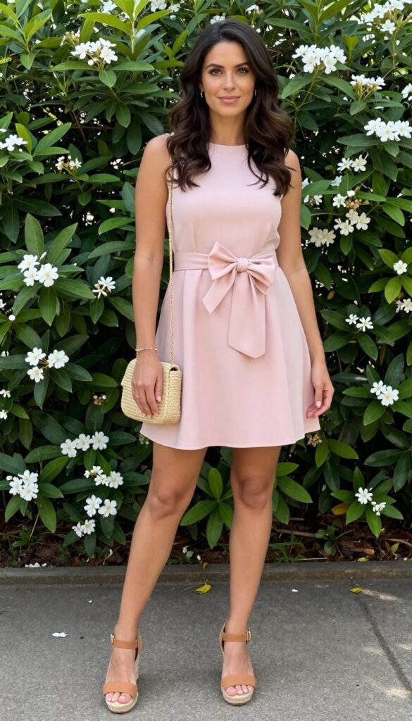 Woman in pastel pink A-line mini dress with front bow detail, tan espadrille wedges, and straw crossbody bag standing in a sunny garden