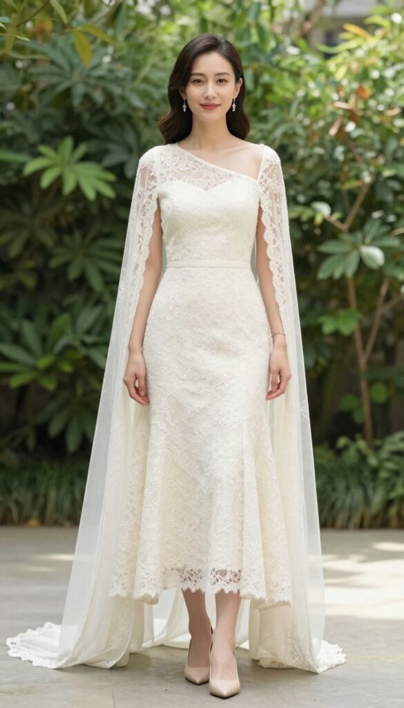 Woman in ivory lace one-shoulder wedding dress with sheer cape standing in sunlit garden