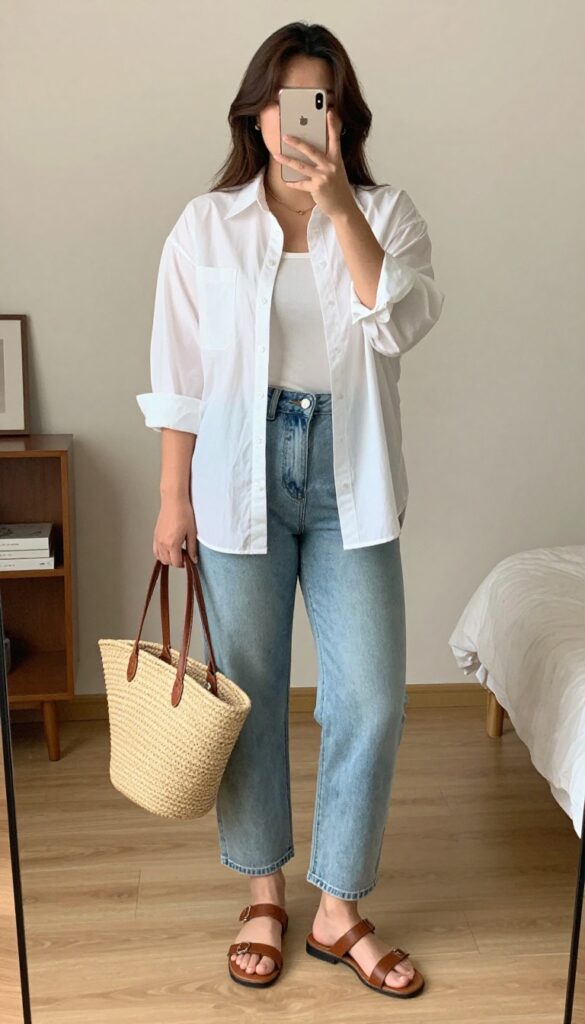 Woman in oversized white button-down and light wash boyfriend jeans, brown sandals, straw bag, half-tuck, rolled sleeves.
