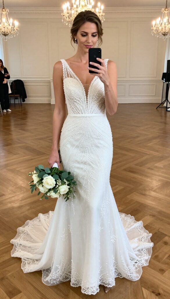 Bride in mermaid wedding dress with beaded bodice and train, standing in grand ballroom with chandeliers, updo and minimal jewelry, holding small bouquet.