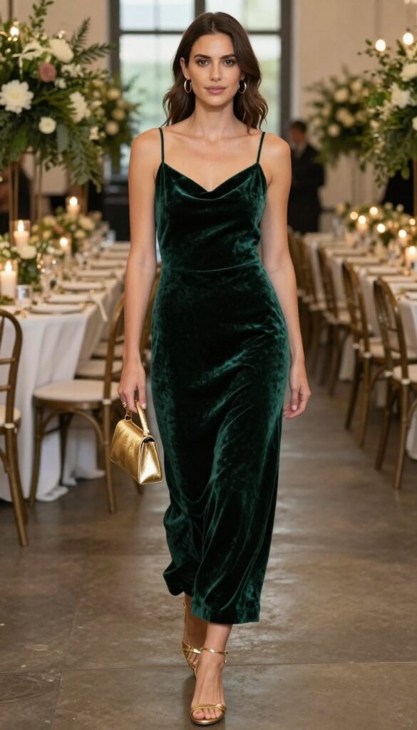 Woman in emerald green velvet slip dress with gold accessories at wedding reception