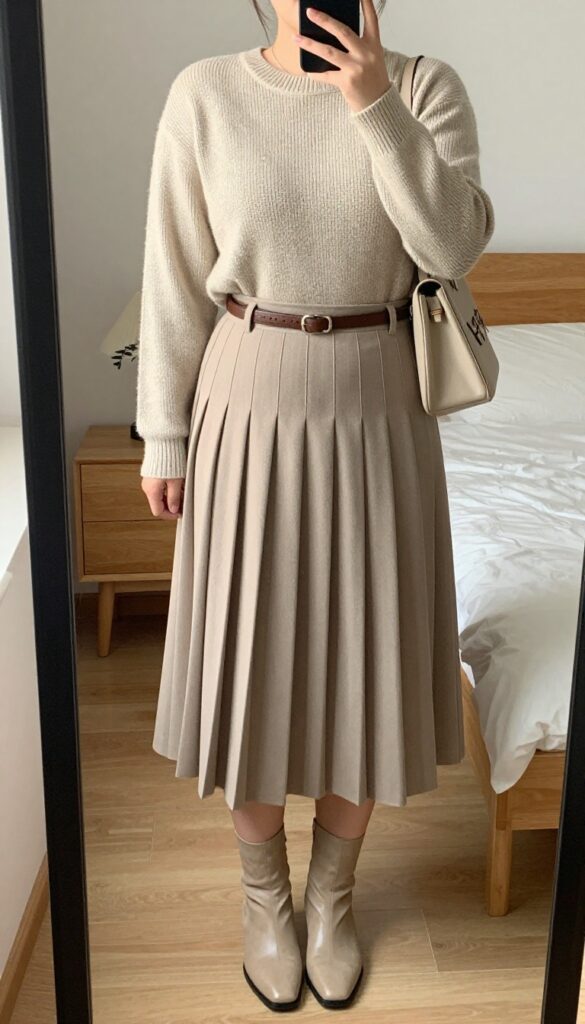 A woman in a pleated midi skirt and fine-knit sweater, tucked in with a belt, wearing knee-high boots, posing in a mirror selfie.