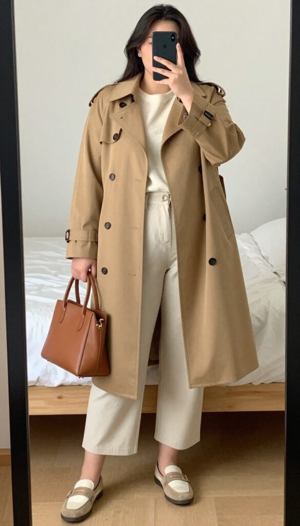Woman in camel trench coat, cream knit top, and wide-leg cropped pants, taking a mirror selfie in a bedroom.