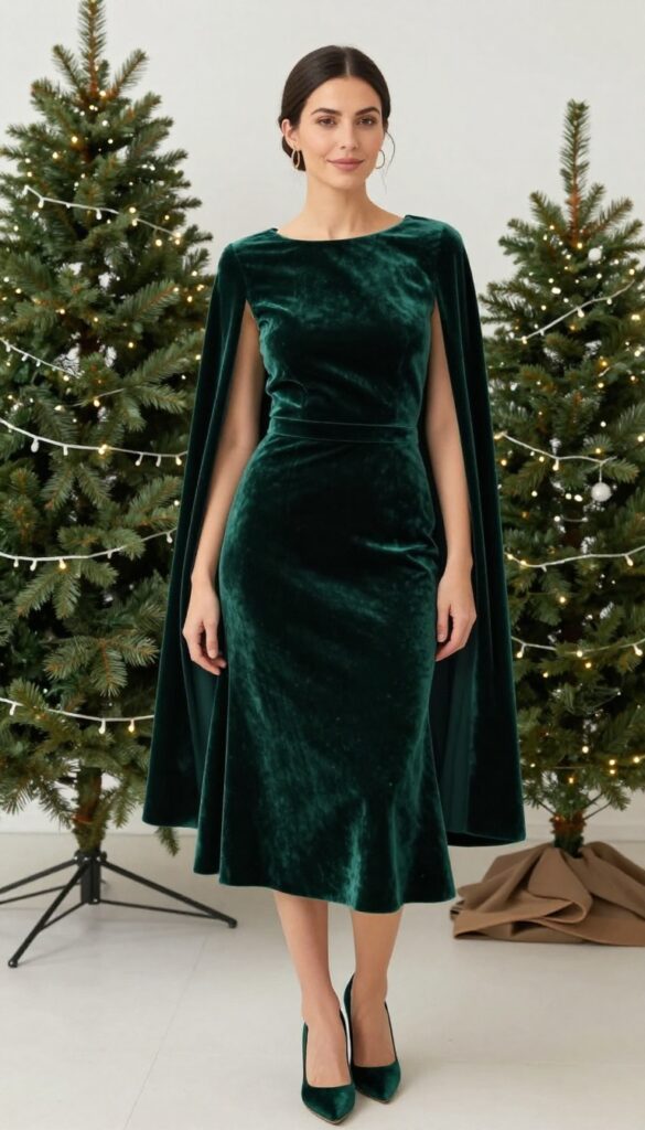 Woman in emerald green velvet one-shoulder dress with matching velvet cape at winter wedding venue