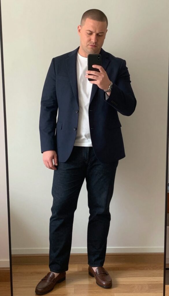 Plus-size man in navy blazer, white t-shirt, and dark jeans taking a mirror selfie in a bright room.