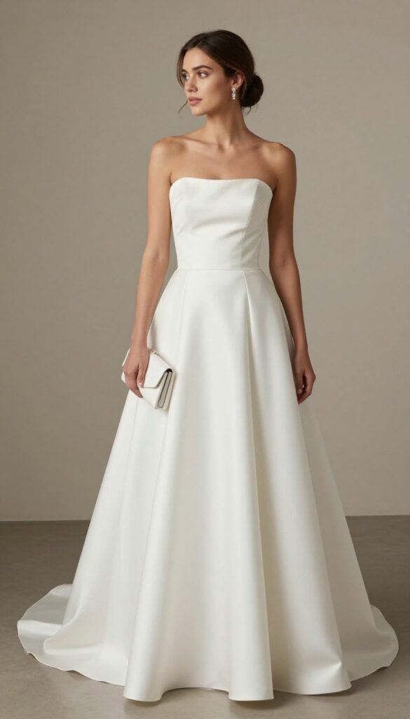 Woman in white satin ballgown with low bun and clutch in neutral ballroom