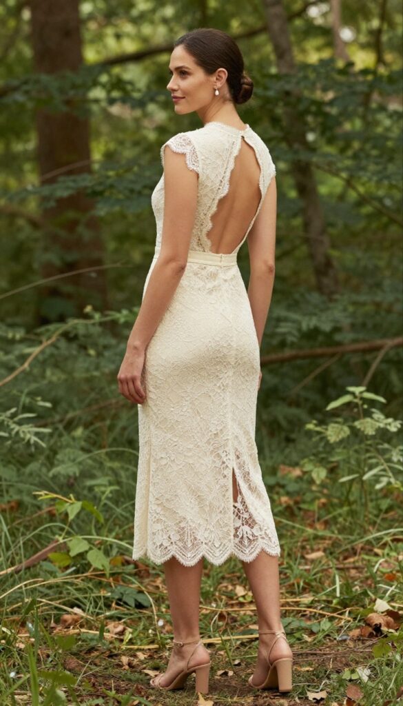 Young adult woman with light brown hair in low bun, wearing backless lace dress with keyhole detail, standing in forest clearing with dappled light, looking over shoulder to show back detail.
