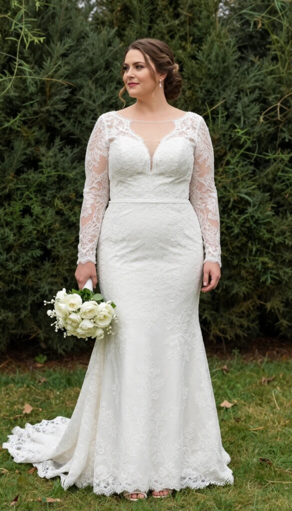 Plus-size bride in long-sleeve lace wedding dress with keyhole back, low updo, minimal jewelry, holding bouquet, in garden