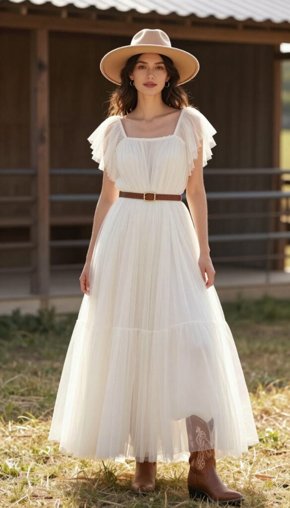 Woman in square neckline boho tulle wedding dress with wide-brim felt hat and embroidered cowboy boots, standing in sunlit field with rustic barn.