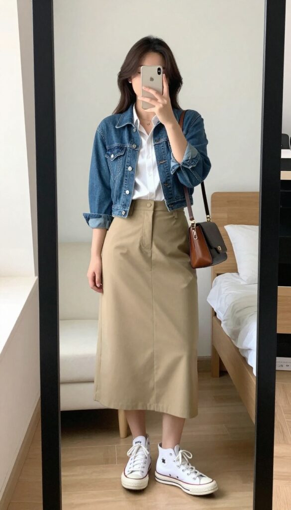 Model in denim jacket, white button-down, khaki A-line skirt, and white Converse sneakers, taking a mirror selfie in a bedroom.