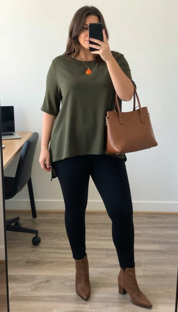 Plus-size woman in navy tunic and black skinny pants with long pendant necklace, standing in office setting