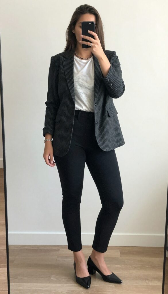 A woman in a pinstripe blazer and band tee, posing in a mirror selfie, partially covering her face with her phone, in a bedroom setting.