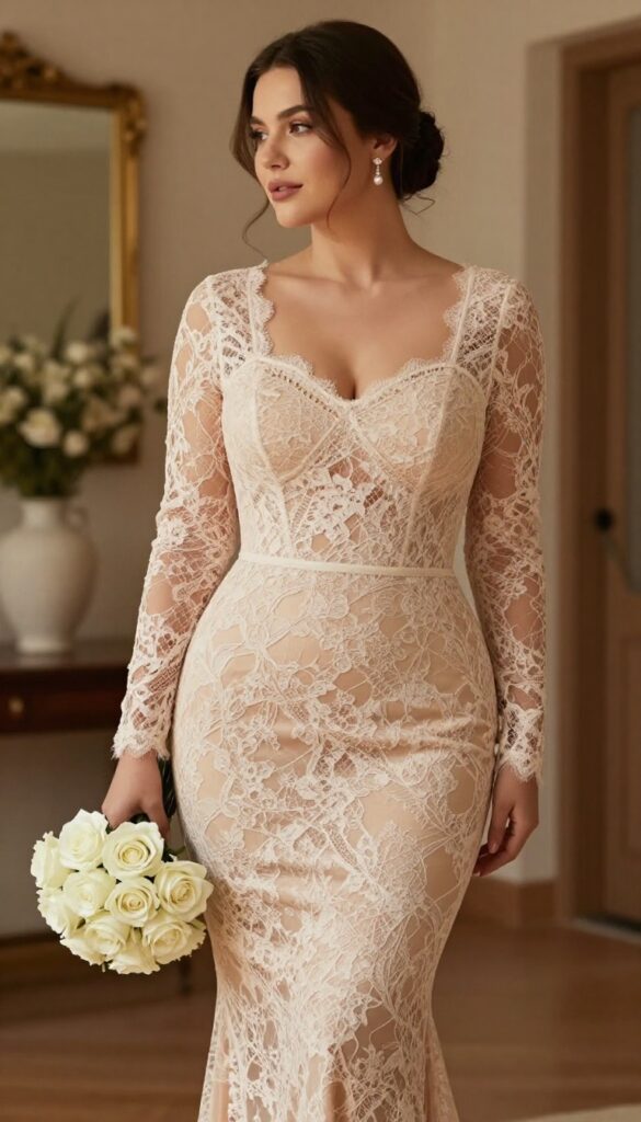 Curvy bride in fitted lace mermaid gown with illusion details, standing in softly lit ballroom