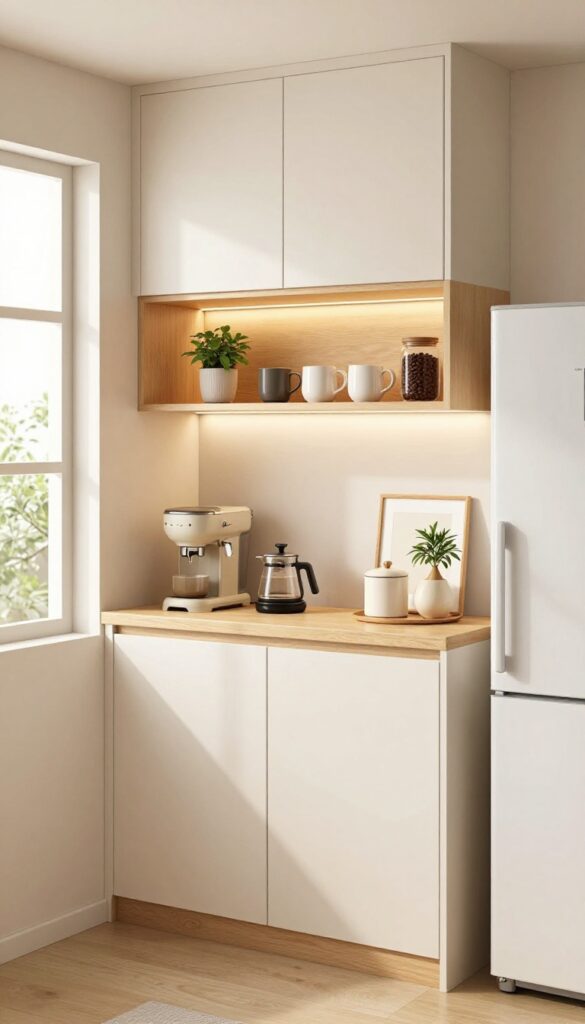 Cozy kitchen coffee station in a built-in nook with under-cabinet lighting, open shelves, and ceramic accessories.