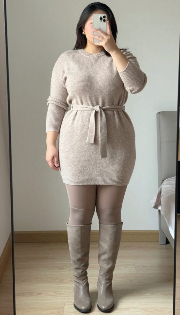 A pregnant woman in a soft pastel cashmere sweater dress with a belt above her bump, wearing knee-high boots and carrying a structured tote, standing in a mirror selfie pose.