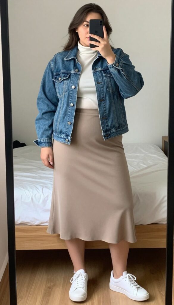 Woman in light-wash denim jacket, fitted turtleneck, and flowy midi skirt with white sneakers, standing in a bright office setting.