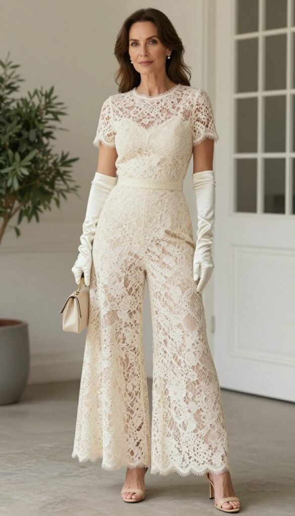 Stylish older woman in ivory lace jumpsuit with long satin gloves, nude heeled sandals, and small ivory clutch, standing gracefully at an elegant indoor wedding venue.