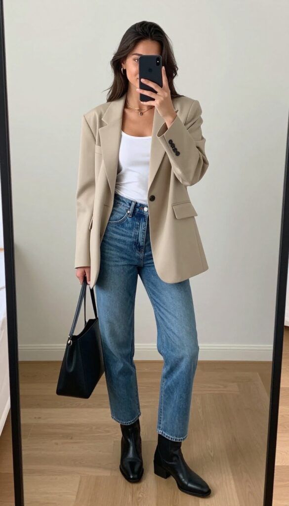 Woman in mom jeans and oversized beige blazer taking a mirror selfie, wearing white tank top and black ankle boots.