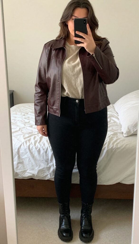 A woman in a matching linen set with a cropped leather jacket, posing in a mirror selfie, partially covering her face with a phone.