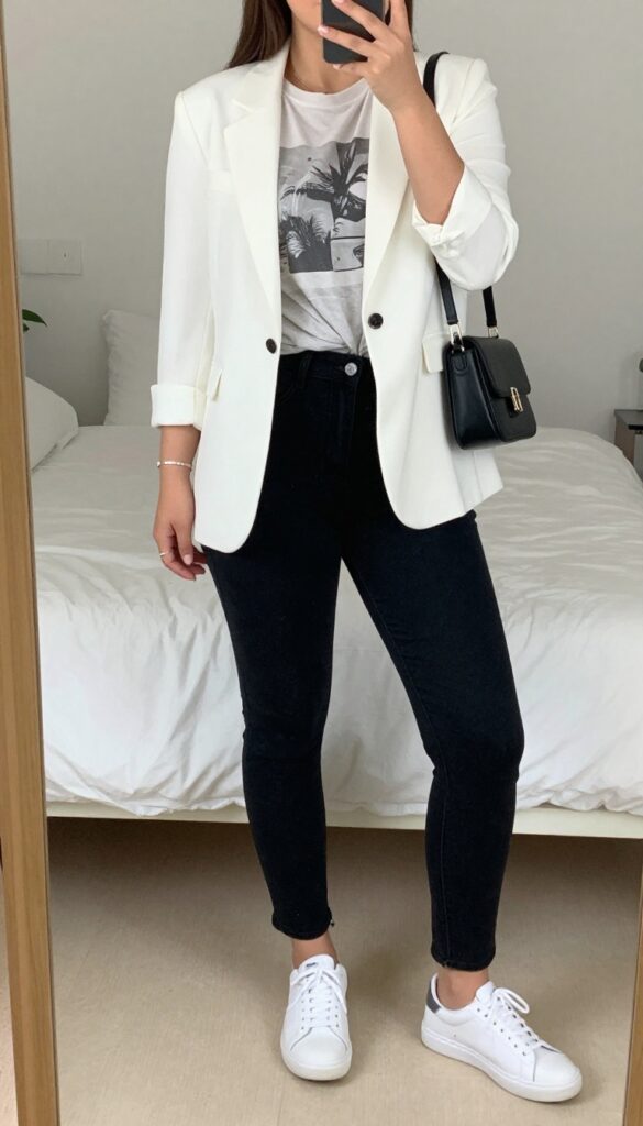 Woman in white blazer, graphic tee, black denim, white sneakers, and black crossbody bag, looking polished and casual.