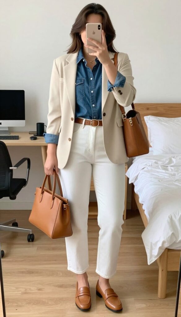 A woman in a cream blazer, denim shirt, and white jeans with tan accessories, posing in a bright office.