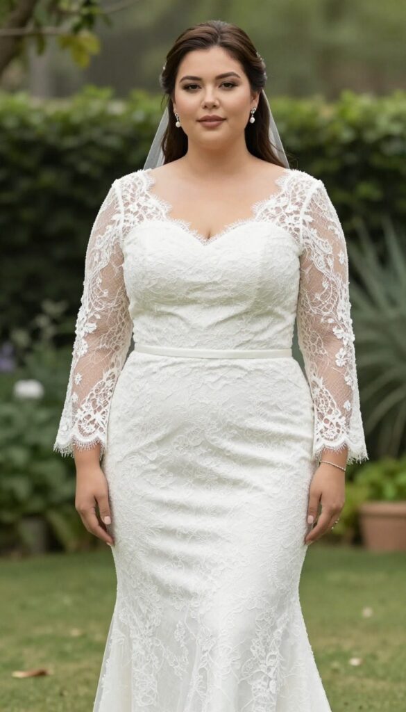 Plus-size woman in elegant lace wedding dress with bell sleeves in garden