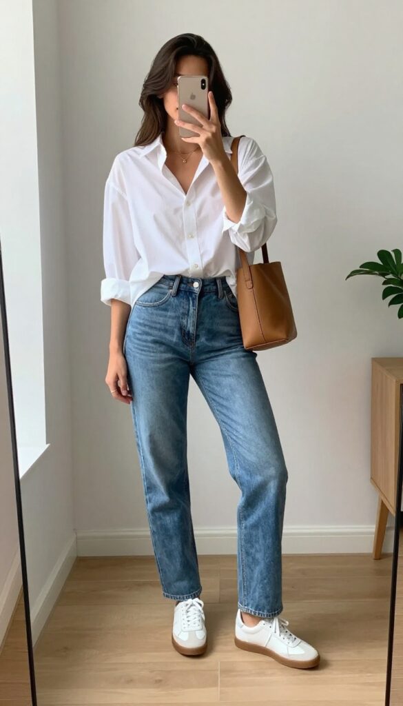Woman in an oversized white button-down shirt and straight-leg jeans, posing in a mirror selfie with a phone partially covering her face, in bright natural light.