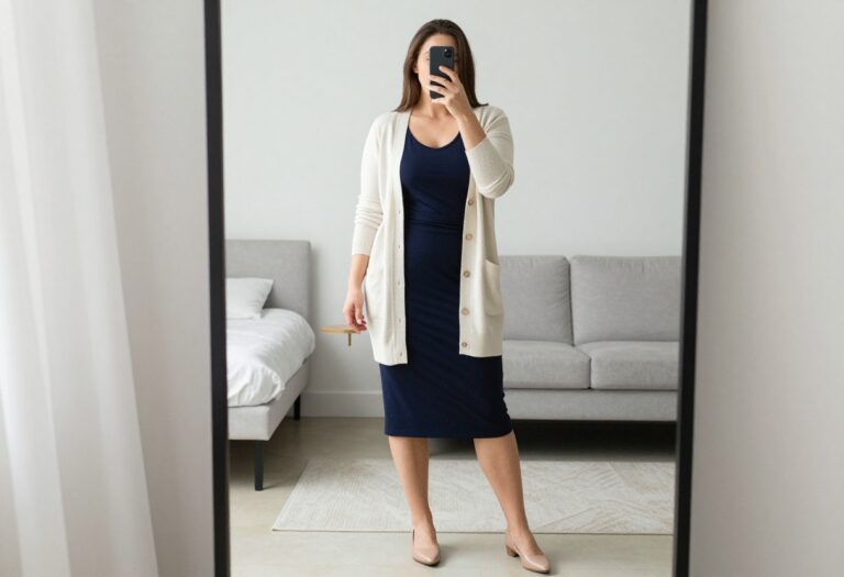 Woman in cream cardigan and navy midi dress taking a mirror selfie in bedroom