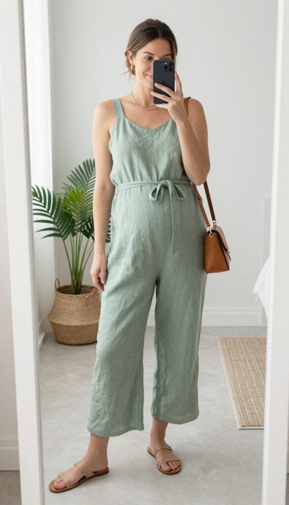 A pregnant woman in a sage green linen jumpsuit with a belt above the bump, nude flat sandals, and a tan crossbody bag, taking a mirror selfie in a bright bedroom.