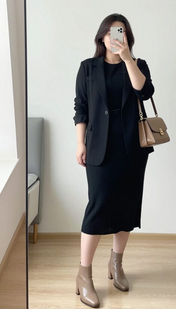 A woman in a black midi dress with a wide belt and a longline blazer, posing in a mirror selfie, partially covering her face with her phone.