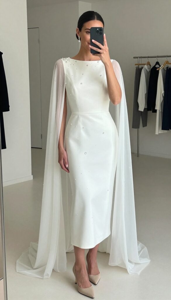 Fit-and-flare crystal wedding dress with fitted capelet, elegant bridal look