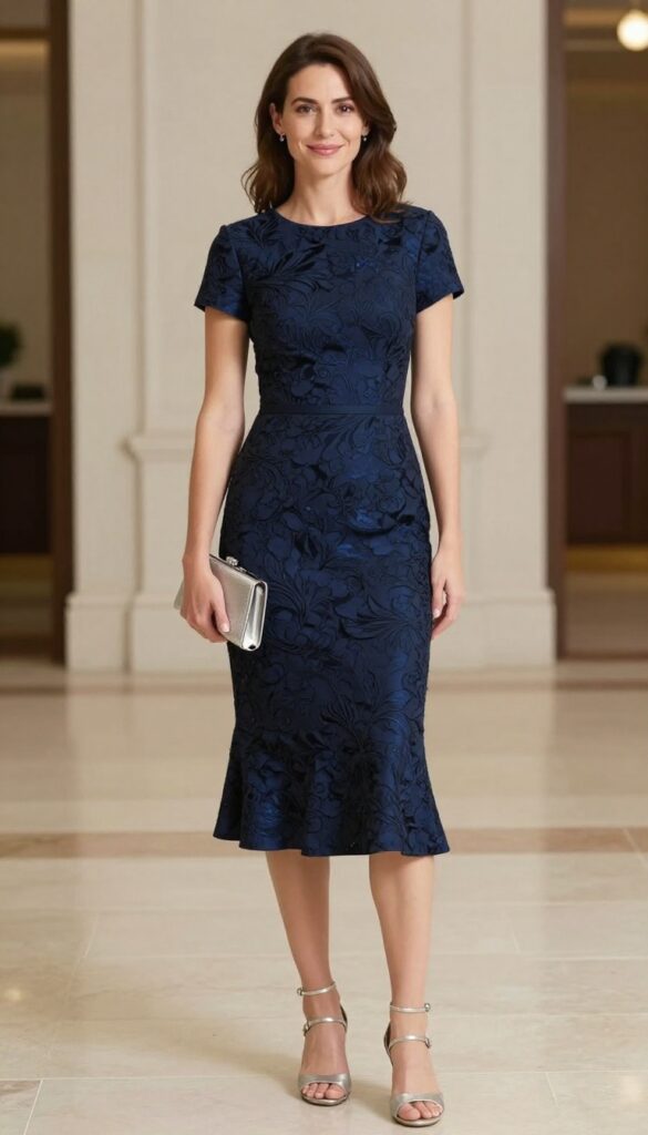 Navy brocade fit-and-flare dress with silver accessories for a wedding guest outfit