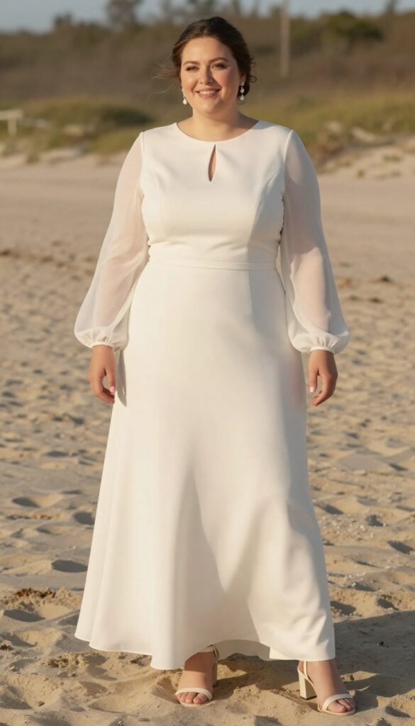 Plus size bride in a high-neck, long-sleeve wedding dress with keyhole cutout, standing on a beach at golden hour, wearing drop earrings and block heels, loose updo.