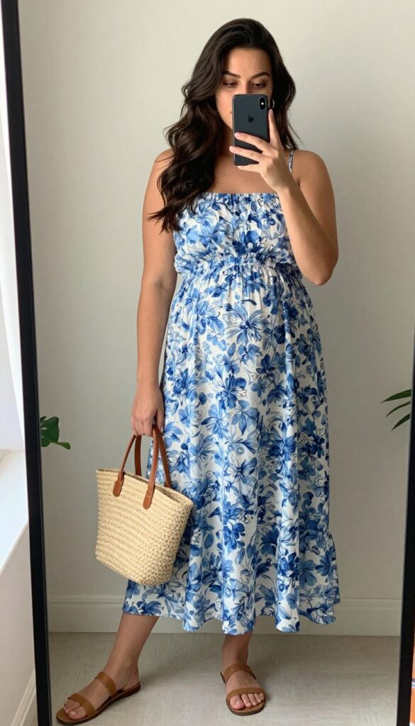 Plus-size pregnant woman in a floral flowy maxi dress and flat sandals, taking a mirror selfie in a bright room.