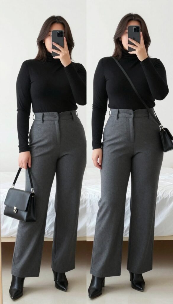 Woman in grey wide-leg pants and black turtleneck, pointed ankle boots, crossbody bag, taking a mirror selfie in bedroom.