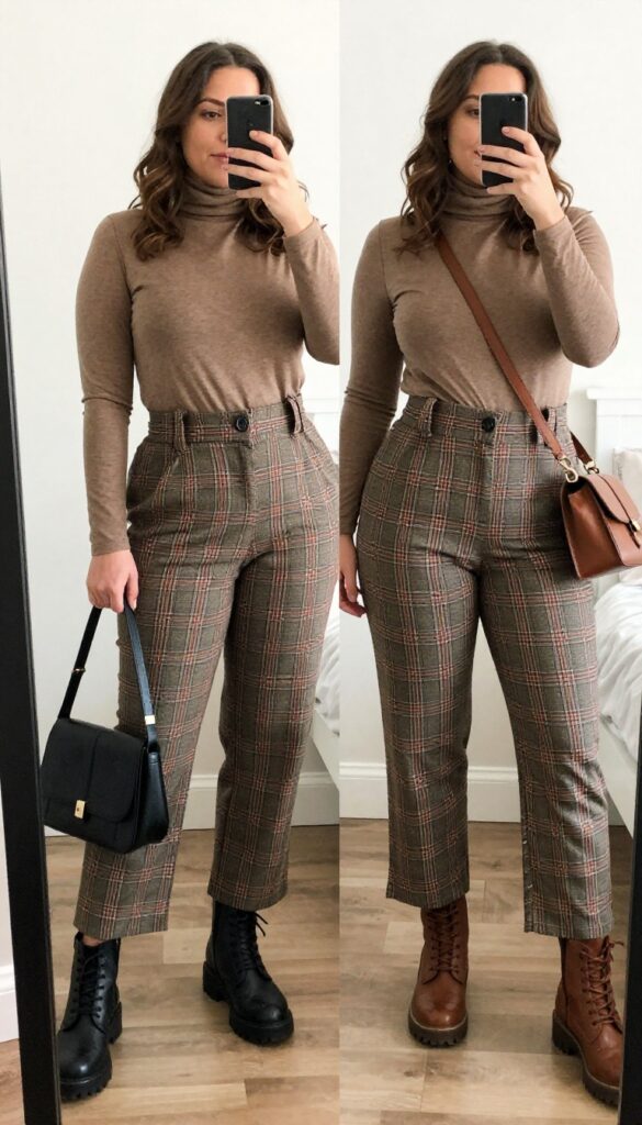 A model wearing plaid wide-leg pants, a turtleneck, and combat boots, standing in a mirror selfie pose, partially covering her face with a phone.