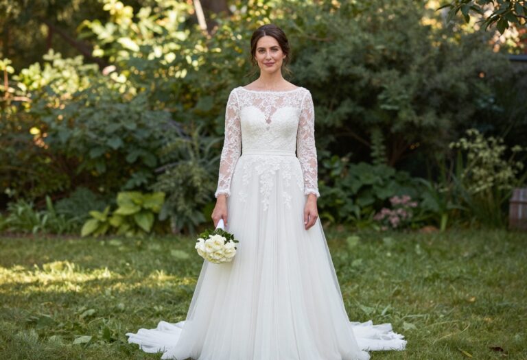 Bride in lace wedding dress with long illusion sleeves in garden