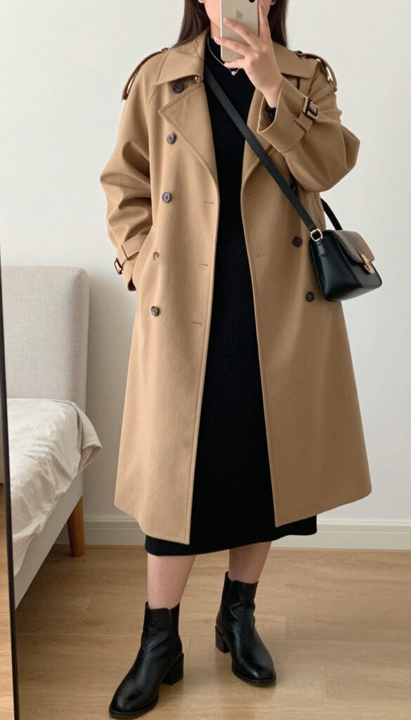 Woman in camel trench coat and black knit dress, taking a mirror selfie in bedroom, phone partially covering face.